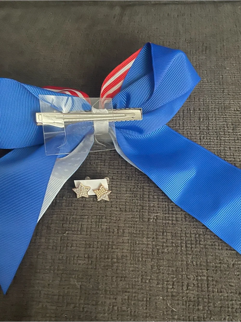 Patriotic Star Ribbon Hair Bow with Rhinestone Star Studs